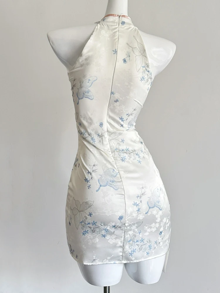 Vintage Pearl Decorated Women's Sleeveless Cheongsam Mini Dress Chinese Traditional Print Halter Neck Side Slit Qipao Dress