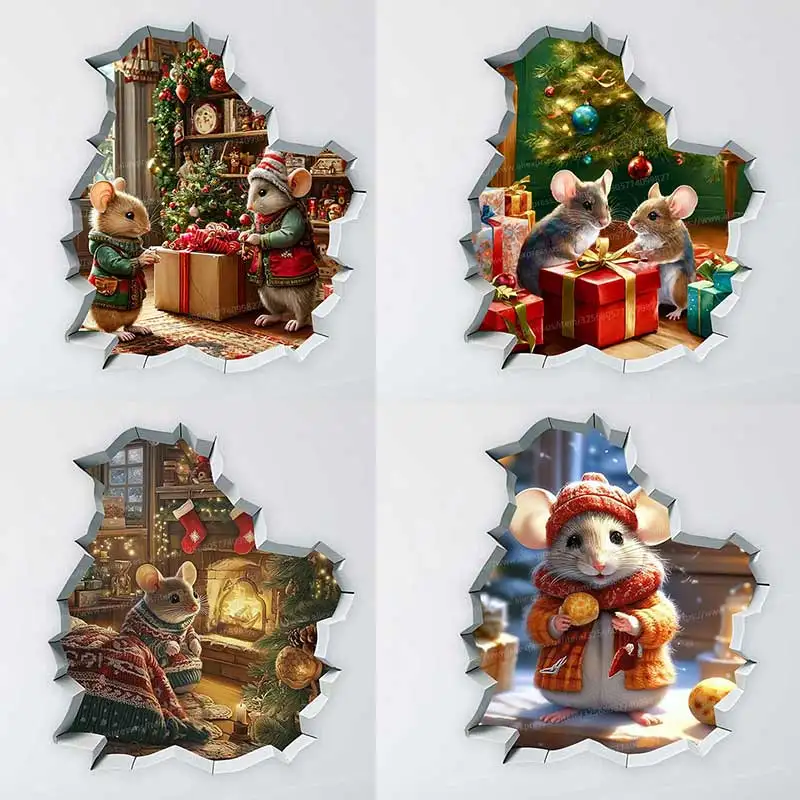 Christmas Mouse Hole Wall Sticker Living Room Wall Edge Home Decoration Mural For Kids Bedroom Wallpaper Funny Rats Decals M1401