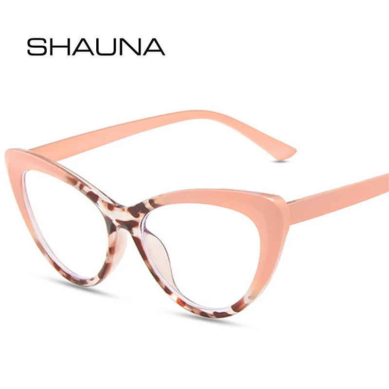 

SHAUNA Fashion Cat Eye Women Glasses Frame Clear Anti-Blue Light Men Spring Hinge Pink Leopard Optical Frame