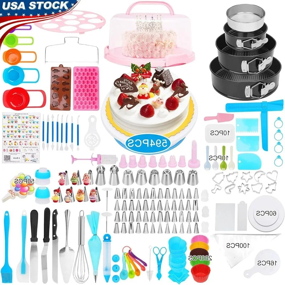 

594 Pcs Cake Decorating Kit with Springform Pans Cake Turntable Piping Bags Tips Perfect Beginners and Professionals