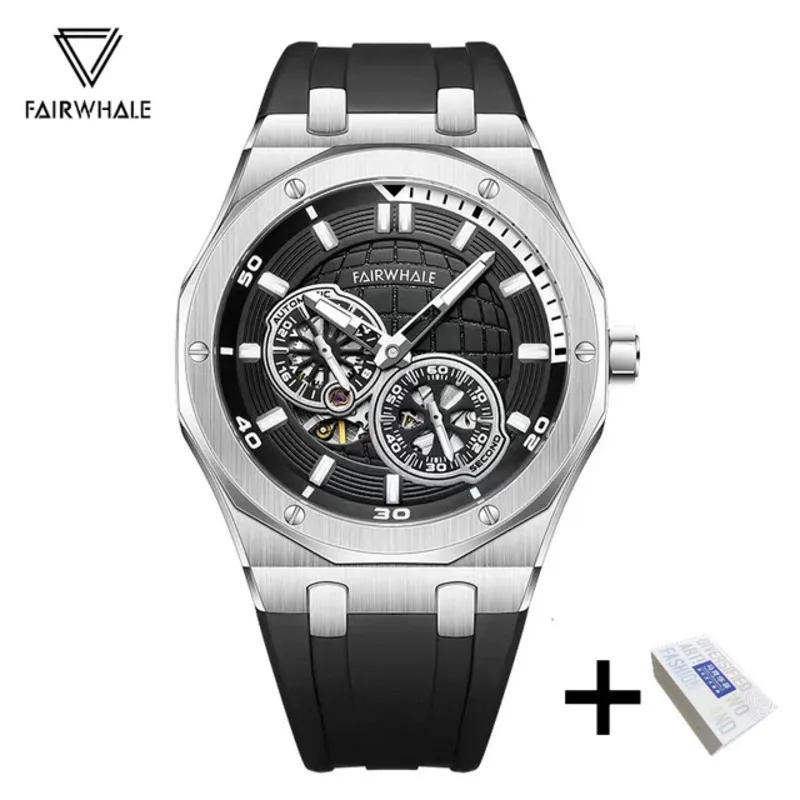 FAIRWHALE Automatic Movement Mechanical Watches For Men 6460 Earth Dial Sports Silicone Luminous Waterproof Mens Watch BOX Reloj