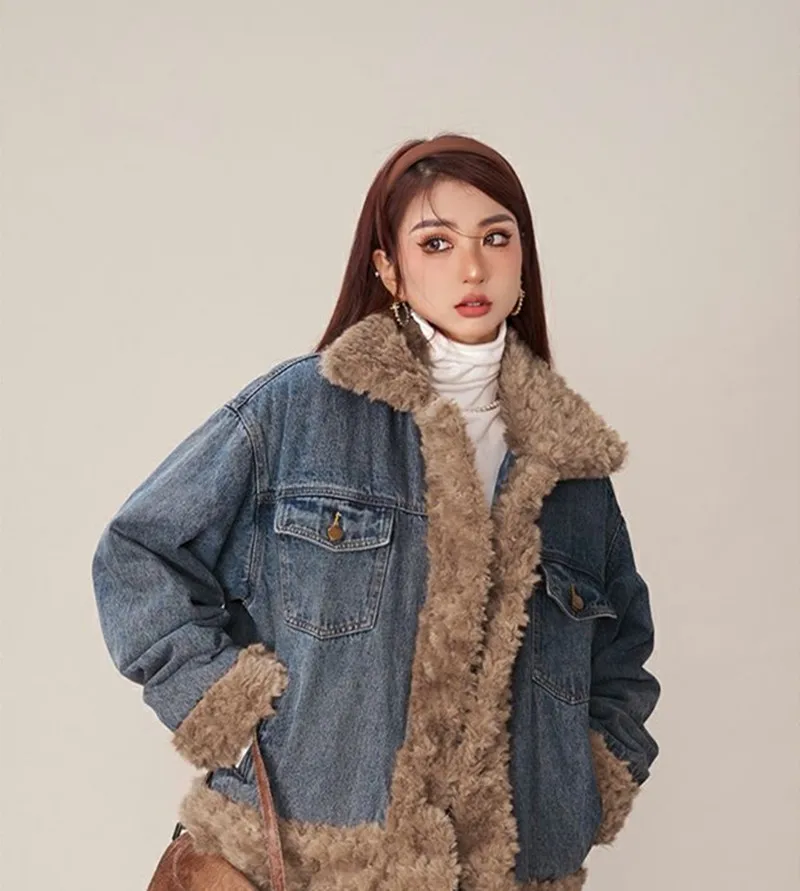 Turn Down Collar Denim Sweet Coat For Women 2023 Thicken Warm Retro Fur Collar Button Down Jacket New Fashion Oversized Coats