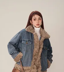 Turn Down Collar Denim Sweet Coat For Women 2023 Thicken Warm Retro Fur Collar Button Down Jacket New Fashion Oversized Coats