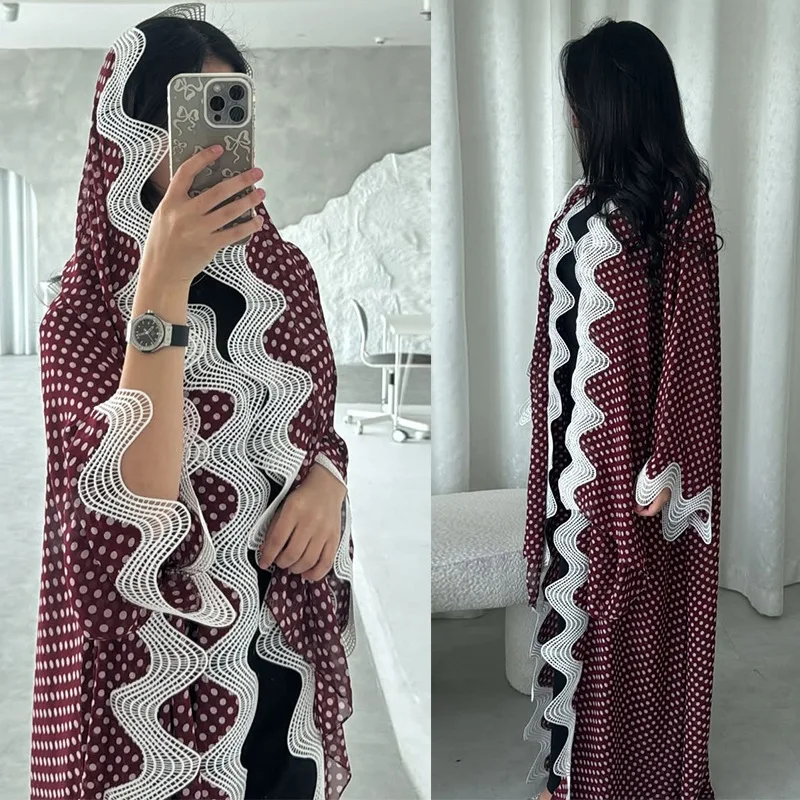 

Women Eid Abaya Scarf Set Muslim Polka Dots Print Cardigan Open Dress Abayas Vestidos Ramadan Dubai Kaftan Long Robe Jalabiya