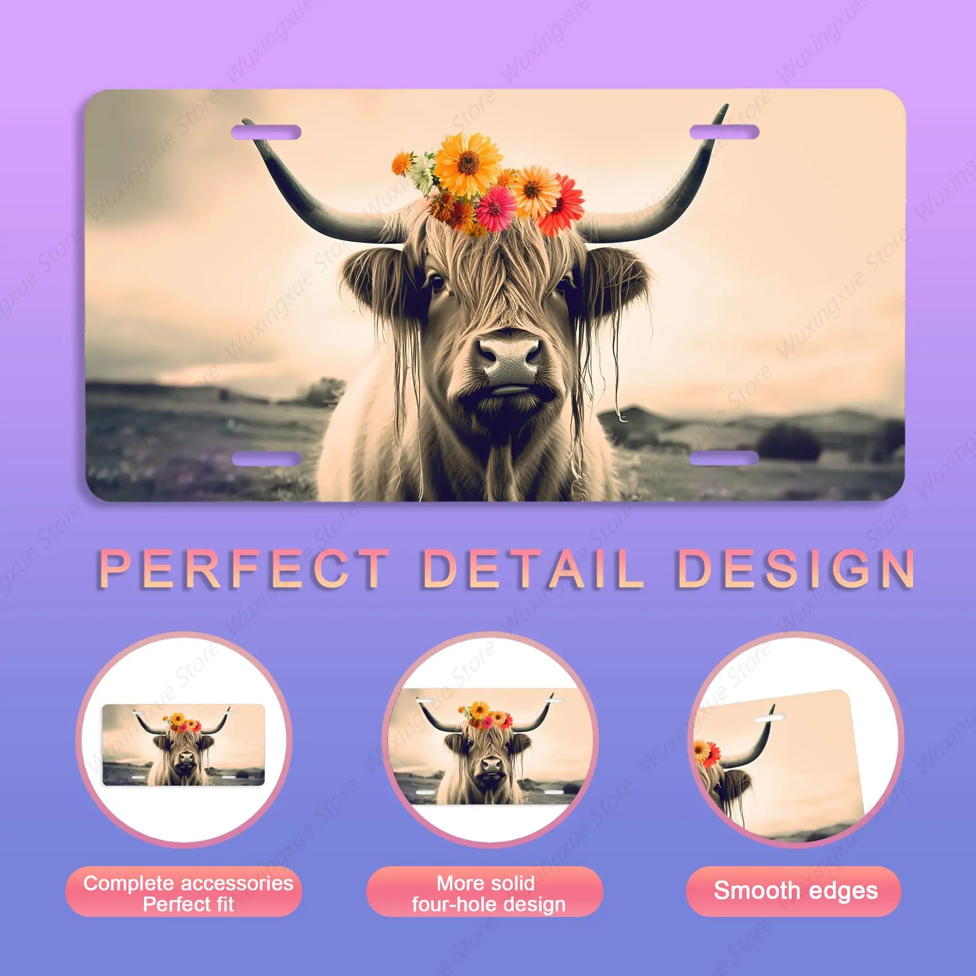 Highland Cow with Flowers Front License Plates Cover Metal Car Plate Funny Novelty Vanity Tag Screw Decorative for Men Women