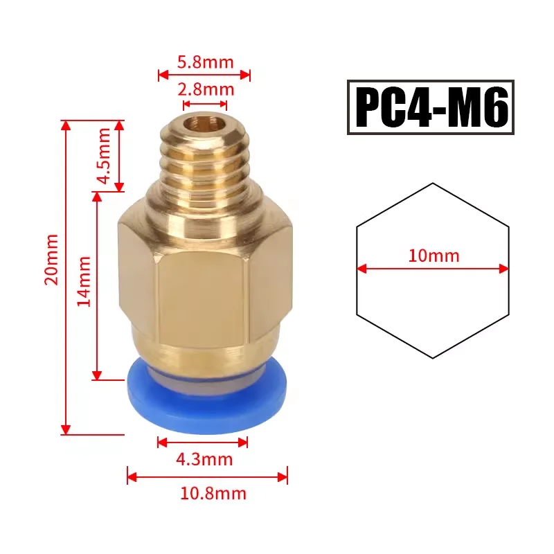 10pcs/lot PC4-M10 Levegőműködtetésű csatlakozók számára 3D Nyomtató alkatrészek bowden Gyors jointer Kapcsolás 1.75/3mm Cső PC4M6 Kellékek PTFE csöves