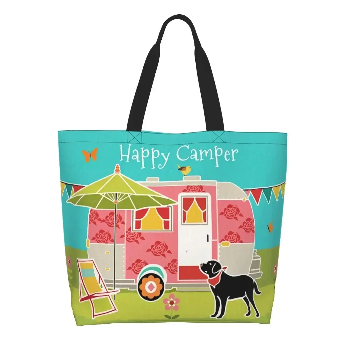 

Happy Camper Groceries Shopping Bags Canvas Shopper Shoulder Tote Bag Big Capacity Durable Cartoon RV Adventure Camping Handbag