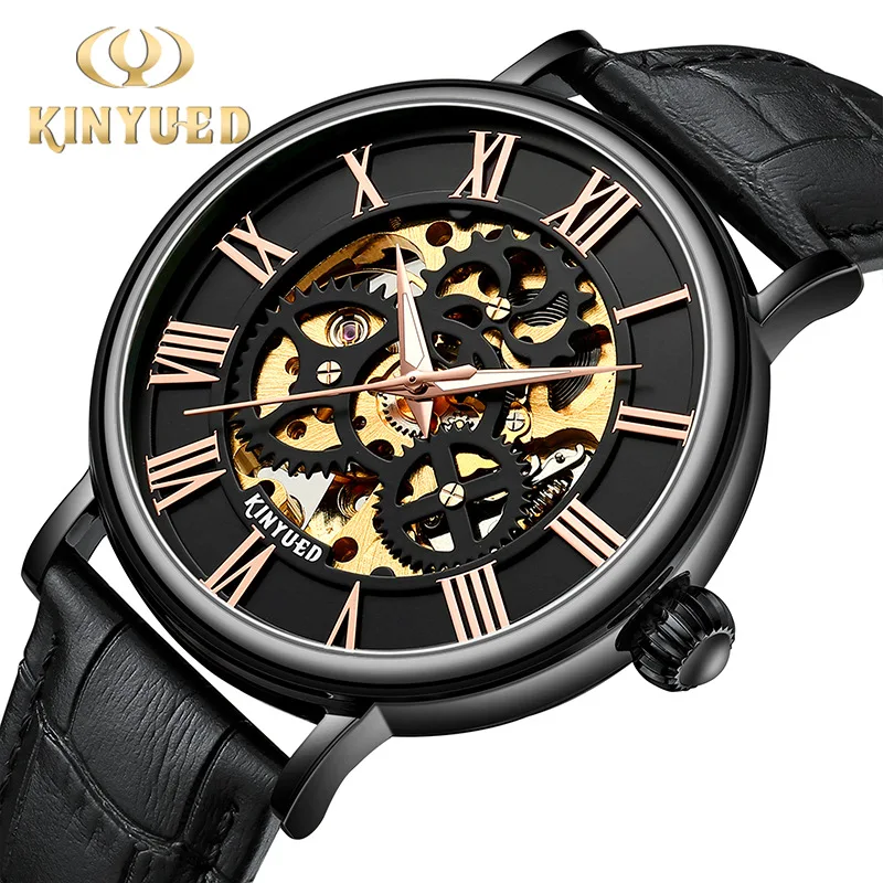 KINYUED orologio meccanico di marca da uomo moda classico scheletro orologi da uomo cinturino in pelle orologio da polso automatico impermeabile orologio maschile