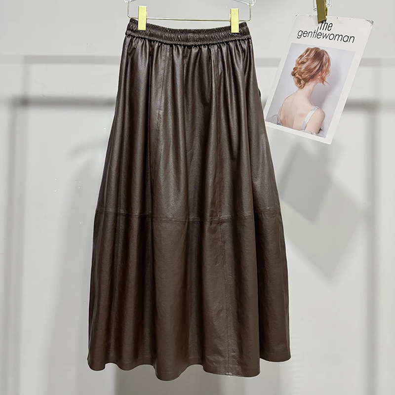 Women’s Leather Skirts Imported Vegetable Tanned Sheepskin Midi Jupe Femme Elastic Waist Drawstring Profile Flower Bud Skirt