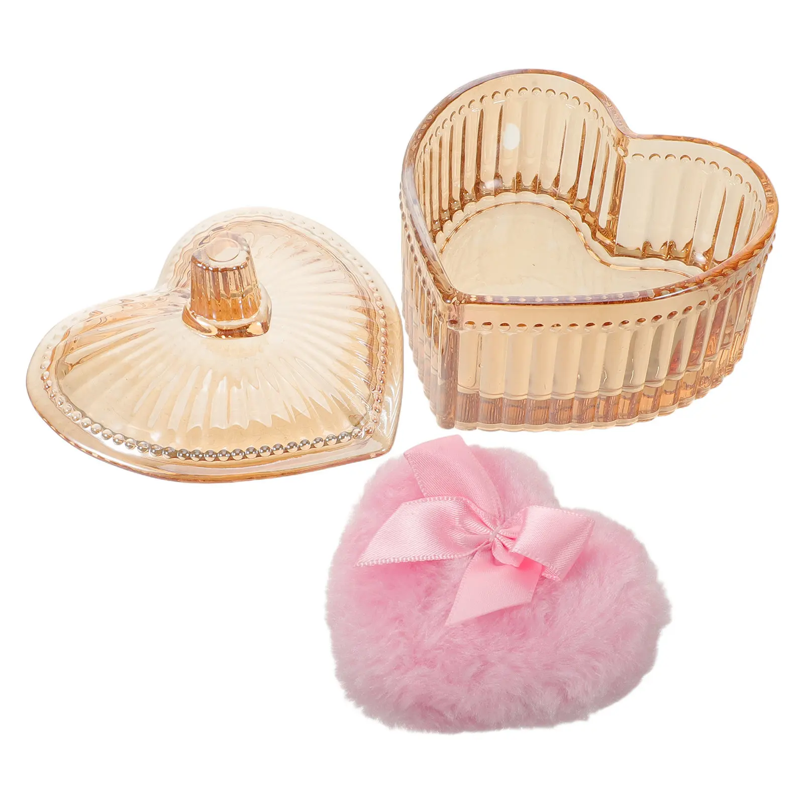 Heart Shaped Powder Puff Portable Washable Makeup Applicator Glass Jar Oil Control Loose Powder Puff Storage Box