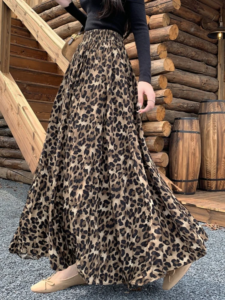 

SMTHMA 2025 New Autumn/Winter Fashionable Retro Leopard Pattern Skirt For Women Elastic Waist Slimming Temperament Long Skirt