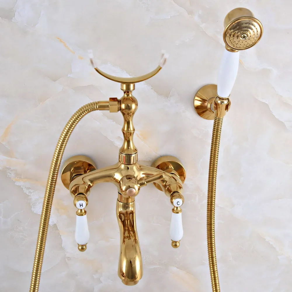 Luxury Golden Brass Double Handle Wall Mounted Bathroom Bath Tub Faucet Set with 1.5M Hand Held Shower Spray Mixer Tap 2na956