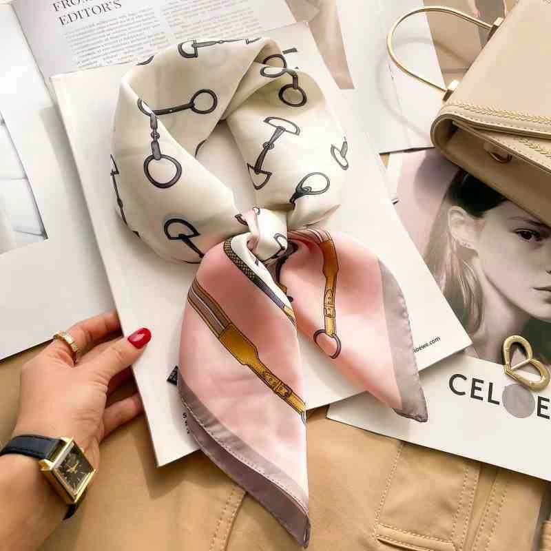 

Luxury Chain Print Silk Square Scarf Women Soft Satin Silk Thin Neck Scarf Fashion Sunscreen Headscarf Woman 70x70cm