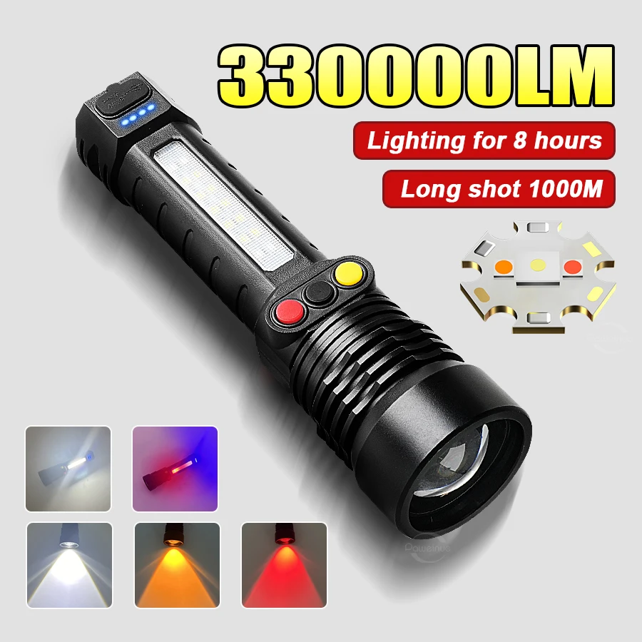 

High Power LED Flashlight Multi Light Source White Light Laser Tactical Light Rechargeable Lantern Zoom Outdoor Camping Torch