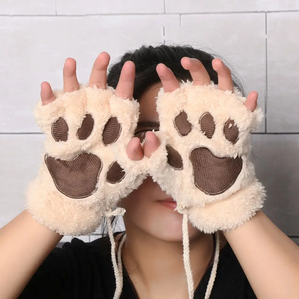 14Colors Women Fluffy Lovely Winter Plush Fingerless Bear Cat Paw  Gloves