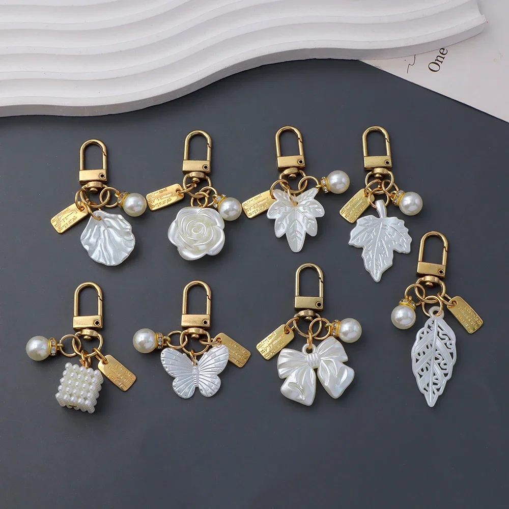 White Bow Butterfly Keychain Acrylic Flower Leaf Pendant With Key Ring Women Girls Diy Handbag Pruse Earphone Charms Accessories