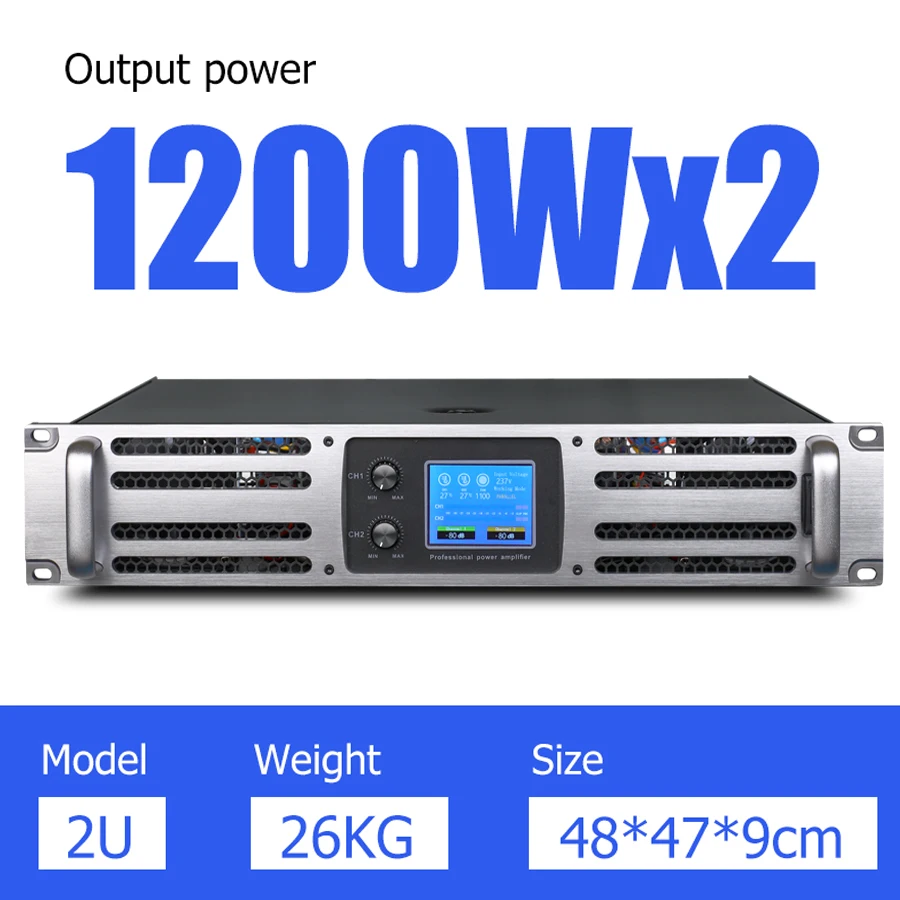 Amplifier 1200W 2 saluran OEM, penguat daya profesional sistem suara Subwoofer tampilan LED Digital