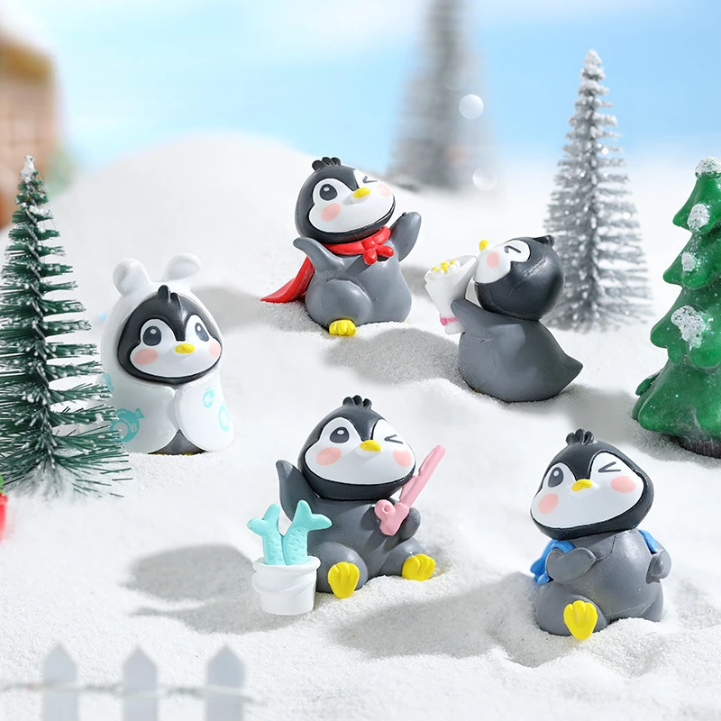 6pcs/set Mini Winter Penguin Miniature Mini Animal Figurines Fairy Garden Bonsai Doll House Ornaments Garden Decoration Outdoor