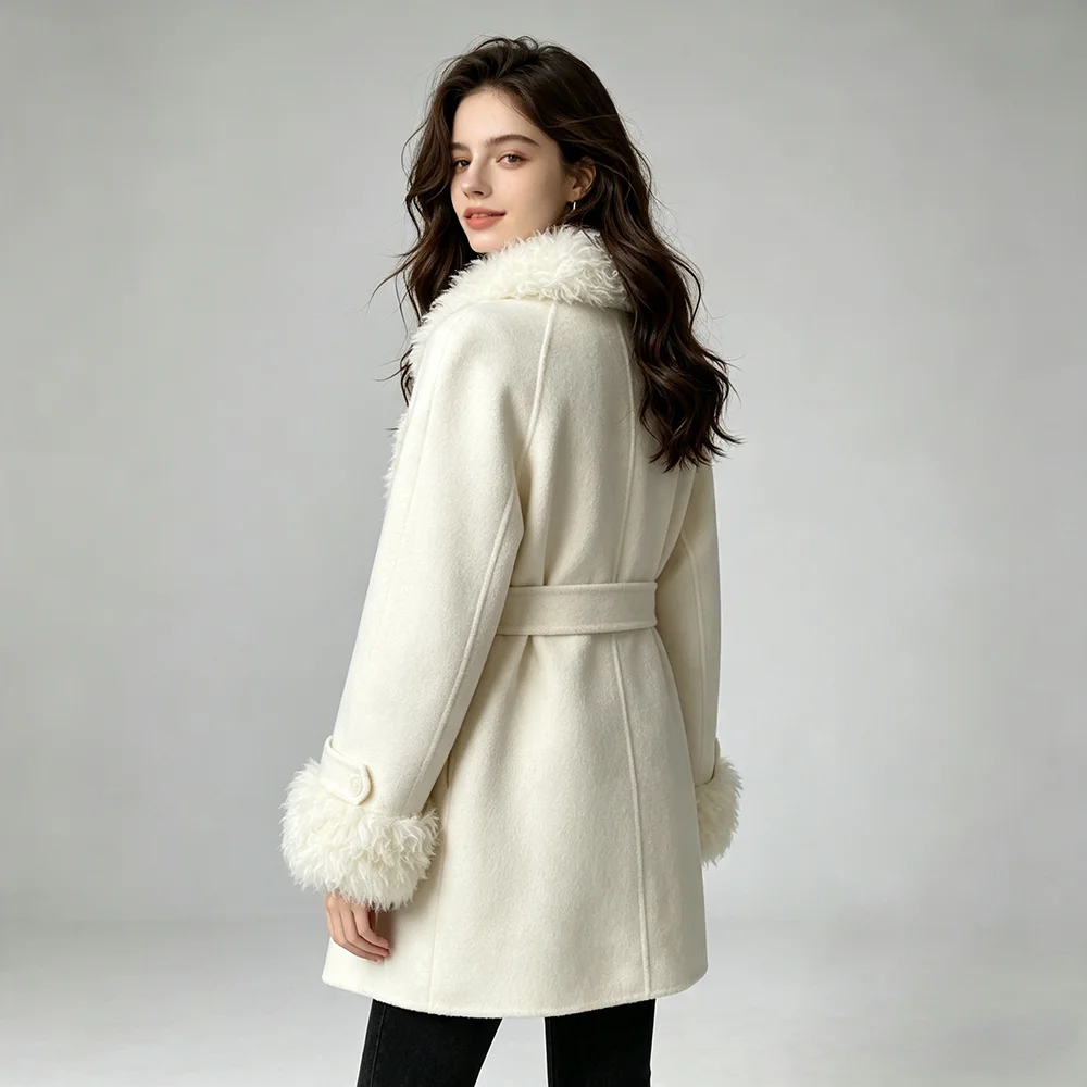 Jaxmonoy Women's Wool Coats with 100% Real Sheep Fur Collar and Cuffs Elegant Belt Winter Jacket 2026 Fall Outerwear New Arrival
