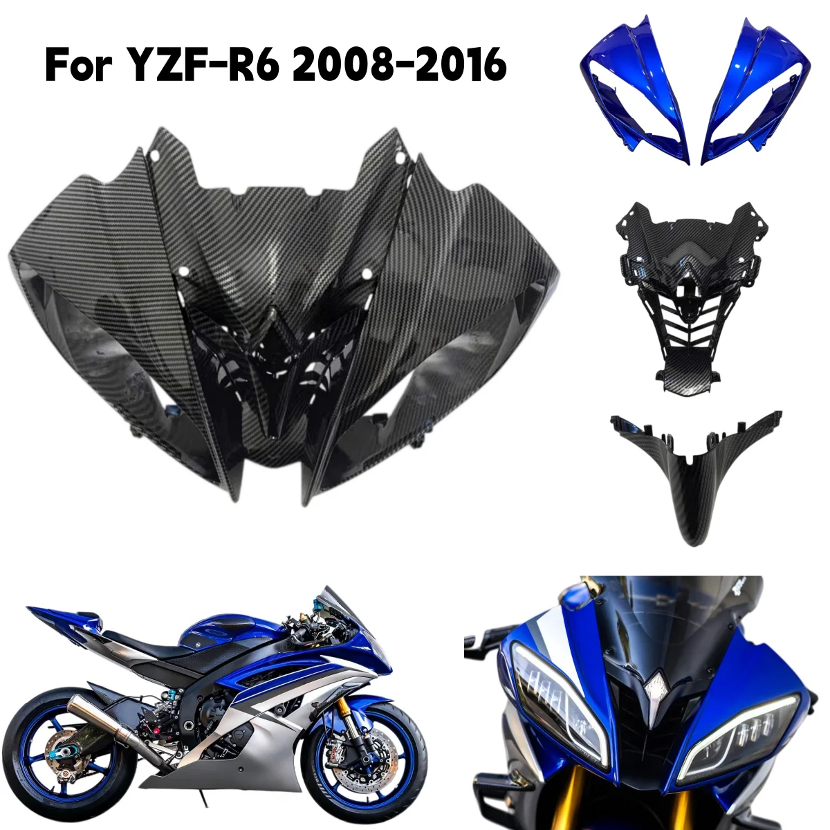 For Yamaha YZF R6 2008 2009 2010 2011 2012 2013 2014 2015 2016 Front Upper Nose Fairing Kit Parts Headlight Cowl Cover Panel