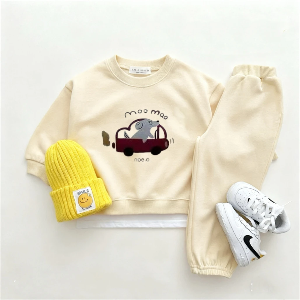 Cartoon-Kostüm für Jungen und Mädchen, Sweatshirts mit Rundhalsausschnitt, lockere Hosen, zweiteiliges Set, Kinder-Hoodie mit süßem Aufdruck, blau-gelbe Outfits – Detail 1