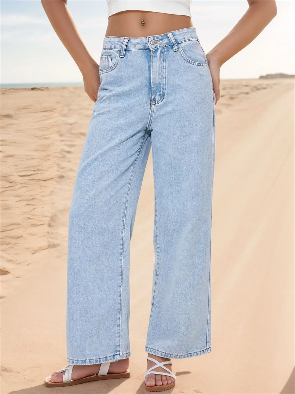 Jeans en denim pour femmes, jean uni, poche boutonnée, fermeture éclair, taille empire, pantalon droit long, ample, décontracté, printemps automne 2026