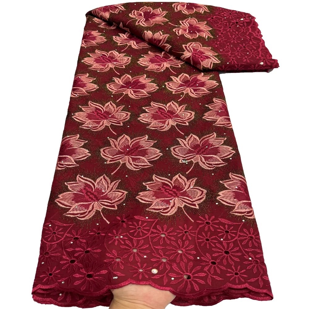 African Cotton Swiss Lace Fabric High Quality Swiss Voile Lace With Stones Elegant Dry Polish Embroidery For Women Dress