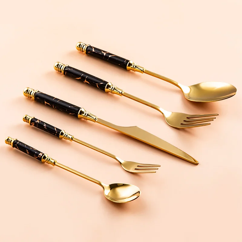 5PCS Gold Stainless Steel Flatware Cutlery Set Dinnerware Set Emerald Marble Ceramic Handle Knife Fork Tea Spoon Dinner Set