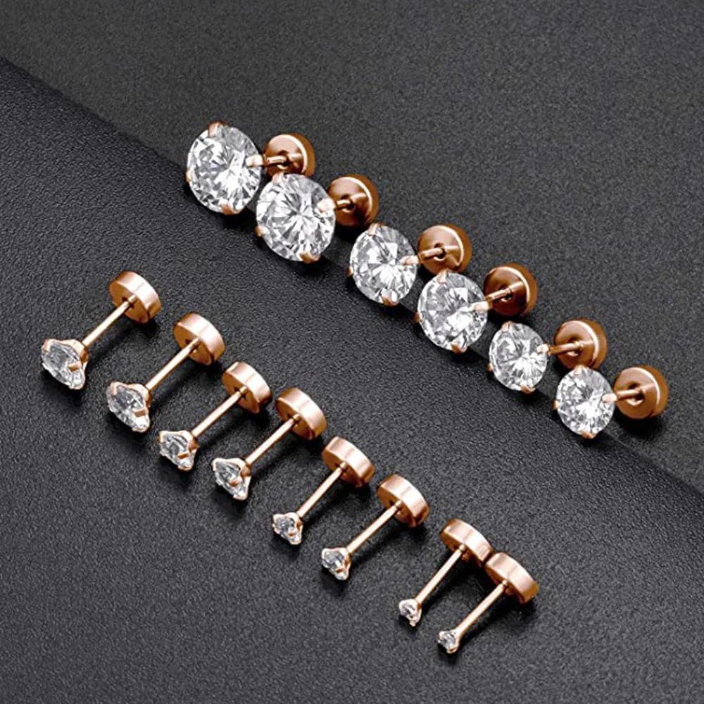 1Pair Stainless Steel Crystal Screw Back Stud Flat Earrings for Women Men Punk Cool Clear Cubic Zirconia Tiny Piercing New Style