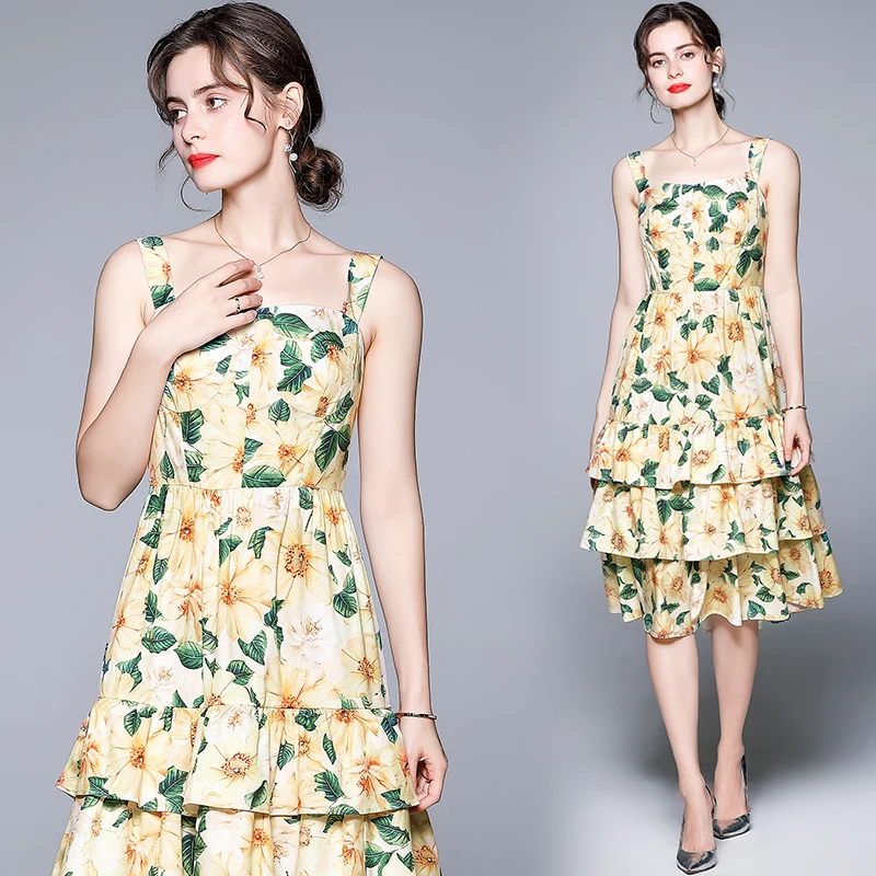 

Retro Cactus Print Strap Cake Print Dress HL8025079