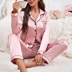 Autumn Women's Pajama Set Love Embroidered Flip Collar Long Sleeve Top and soft  Pants Casual and Comfortable Home Clothes