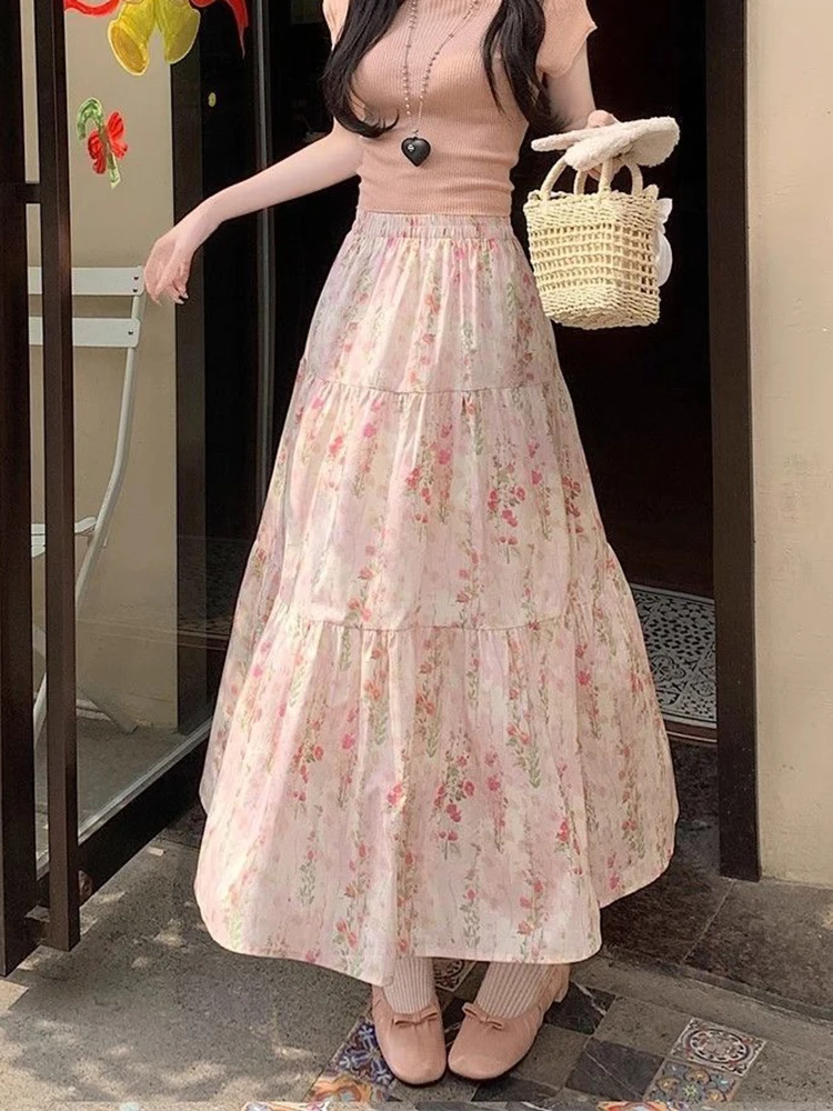 Zoki Cute Floral Long Skirts Women Elegant High Waist Retro Sweet Skirt Japan Casual Loose All Match Spring Summer Kawaii Skirt