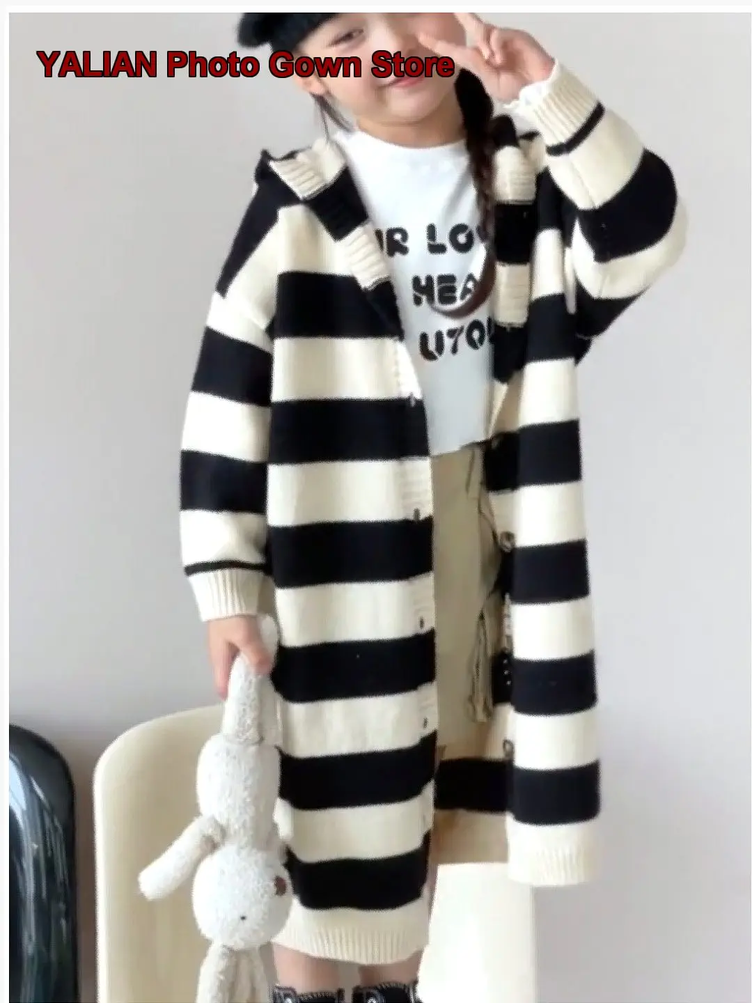 Infant Girls Lazy Style Striped Hooded Knit Jacket 2026 Spring Autumn Mid-Length Top for Kids