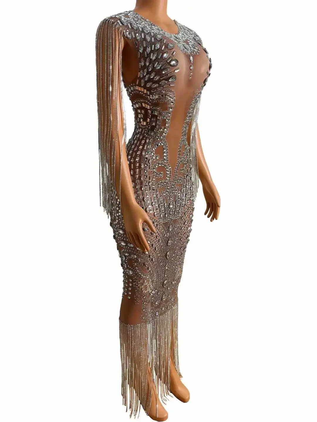 Vrouwen Strass Verjaardag Fringe Prachtige Jurk Mouwloze Elegante Sexy Danser Stadium Slijtage Gogo See Through Drag Queen Outfit