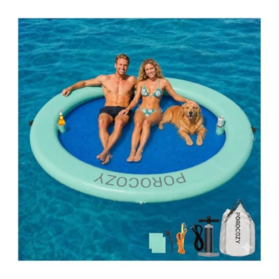 

Inflatable Water Hammock Round Floating Island for lake, pool, beach, river ocean use; heavy-duty PVC material; blue color; ult
