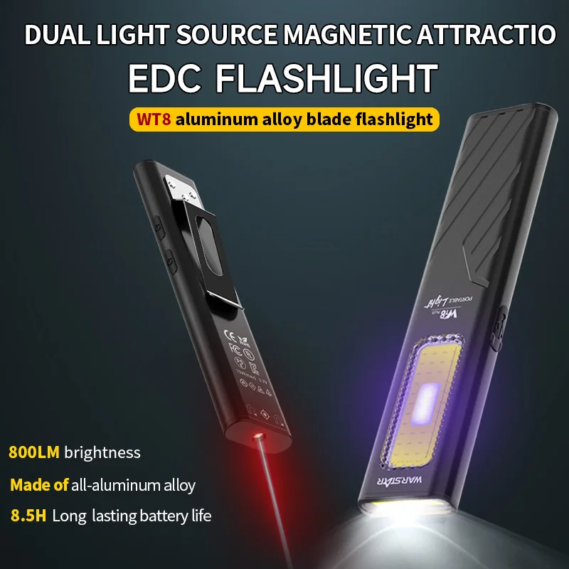 Warstar الضوء الأرجواني 650Mah مصباح يدوي ذو سعة كبيرة |   ثلاثة تصميم مصدر الضوء |   ضوء مؤشر الليزر الأحمر + الجرس |   مشبك خلفي مغناطيسي، وضعين للاستخدام |   الخيار الأول لمصباح يدوي خارجي