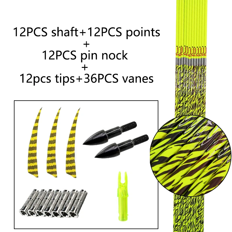 Archery Carbon Arrows Shaft ID6.2mm Spine300-400 5 Inch Turkey Feather 75 Grain Points for Recurve Bow Archery Shooting