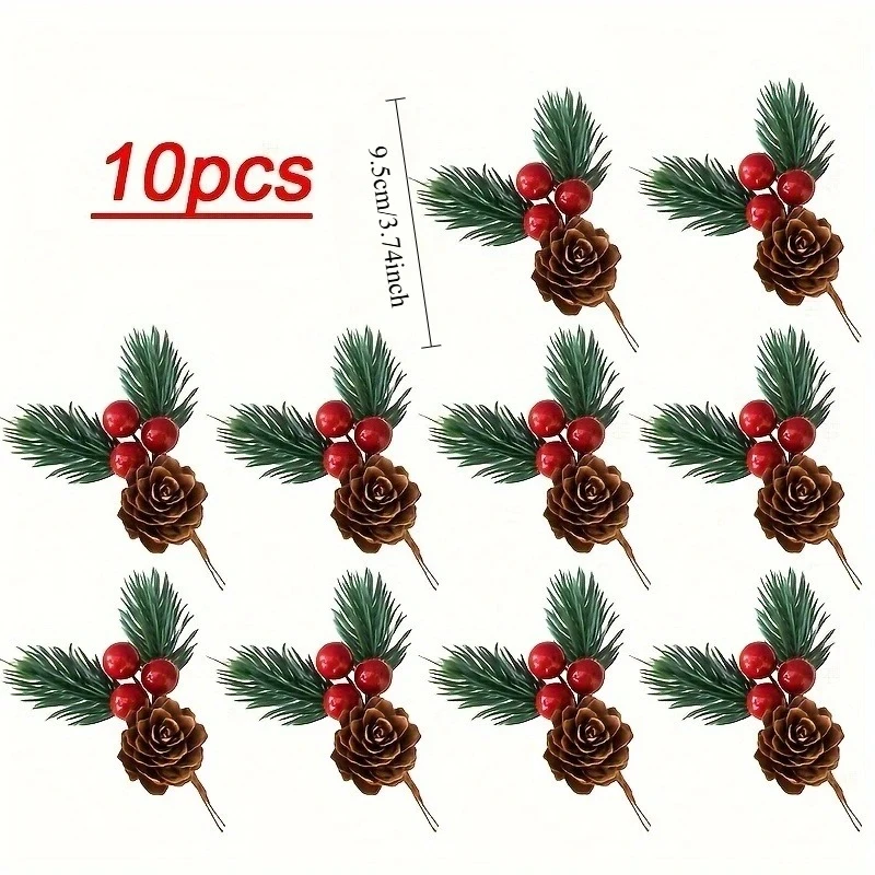 10pcs Set of Artificial Pine Cones and Red Berries - Perfect for Christmas Tree Toppers, Holiday Decorations, and Craft Projects view 2