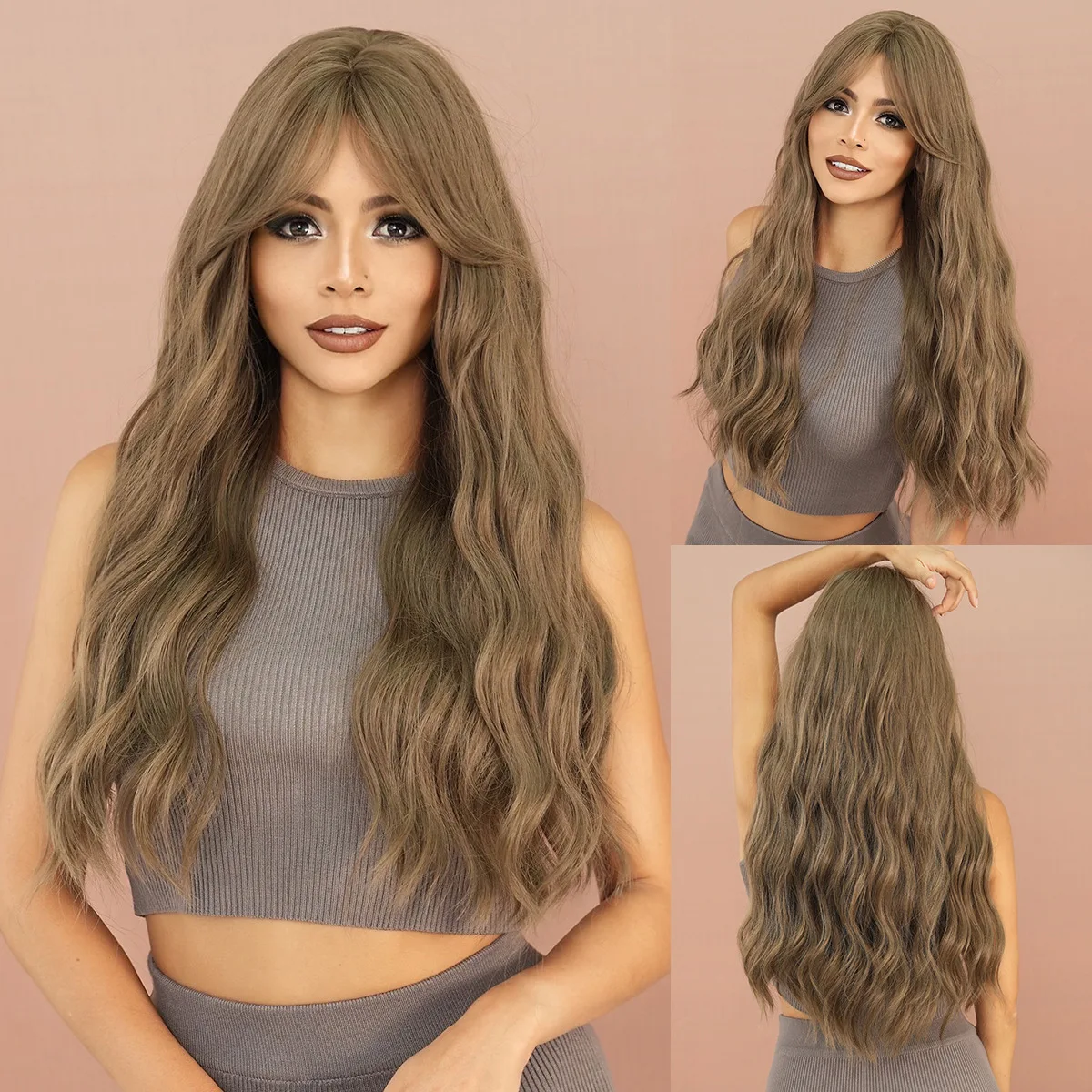 

Women's Long Wavy Wig with Curtain Bangs Ash Taupe Heat Resistant Synthetic Hair for Daily Wear