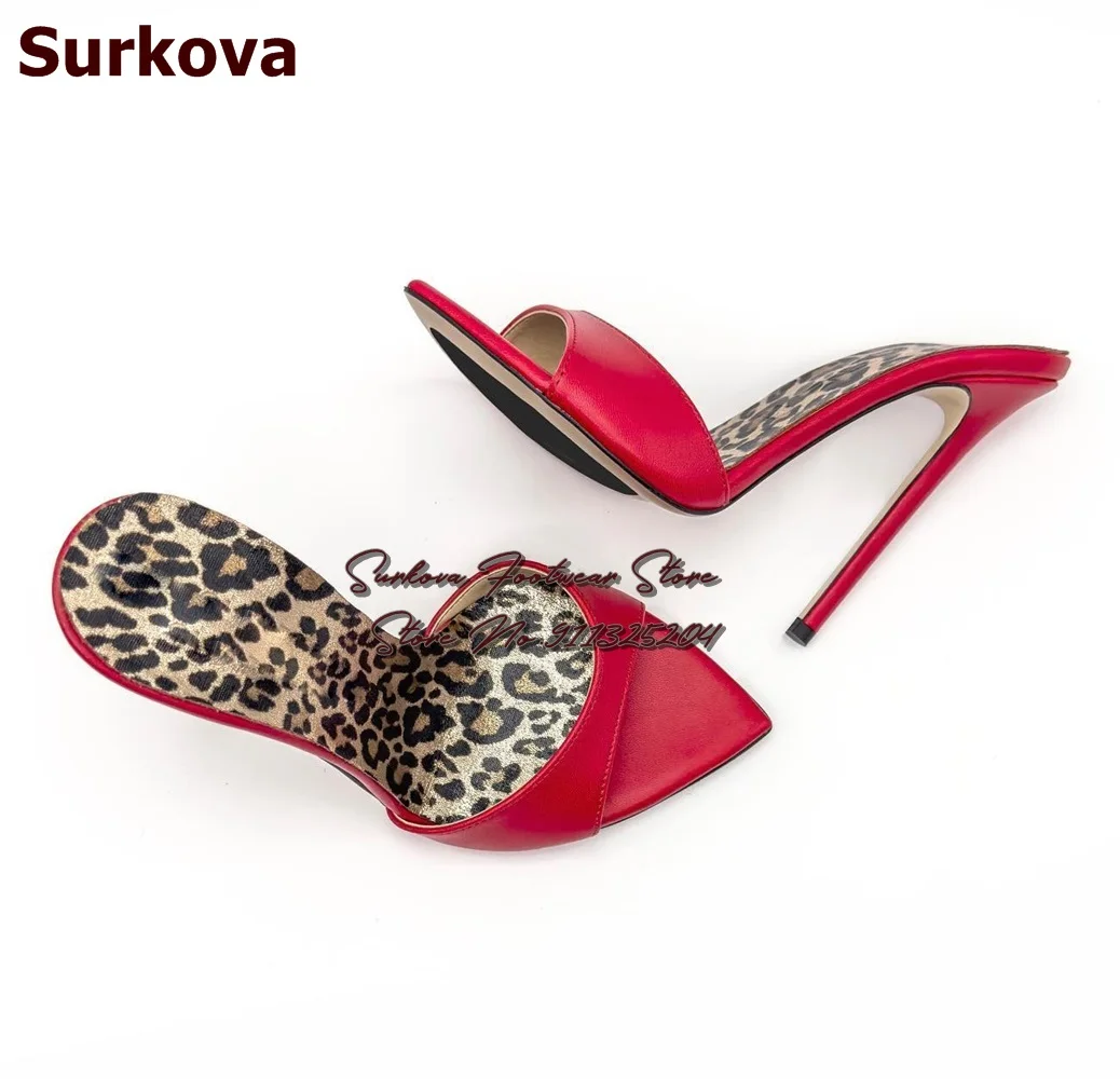 

Surkova Leopard Inside Red Pink Blue High Heel Slippers Stiletto Heel Pointed Toe Slip-on Sandals Patchwork Shallow Dress Shoes