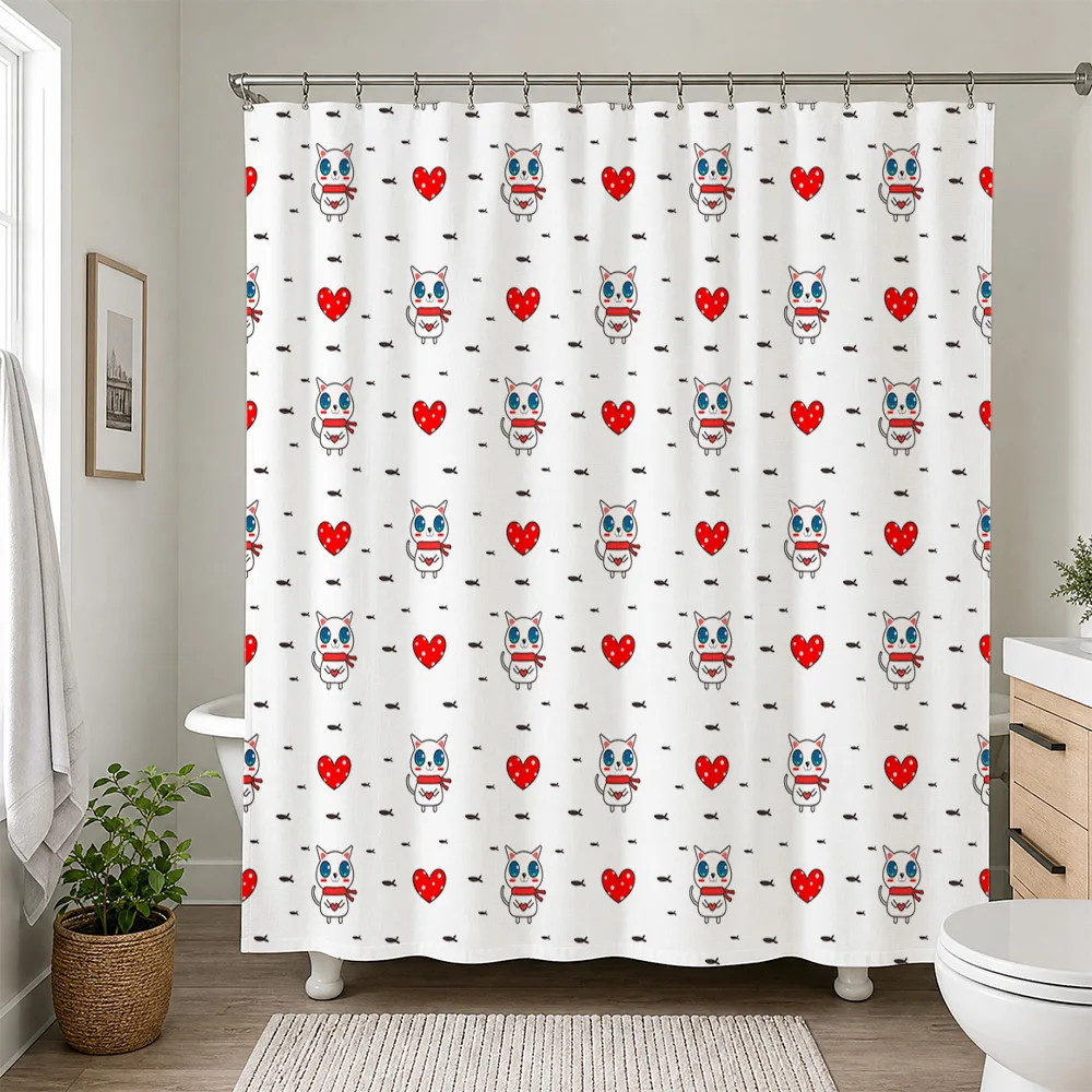 Waterproof Blue Bird Heart Pattern Shower Curtain Liner Adorable Cute Cartoon Animal Print Novelty Bath Room Decor for Modern Ba
