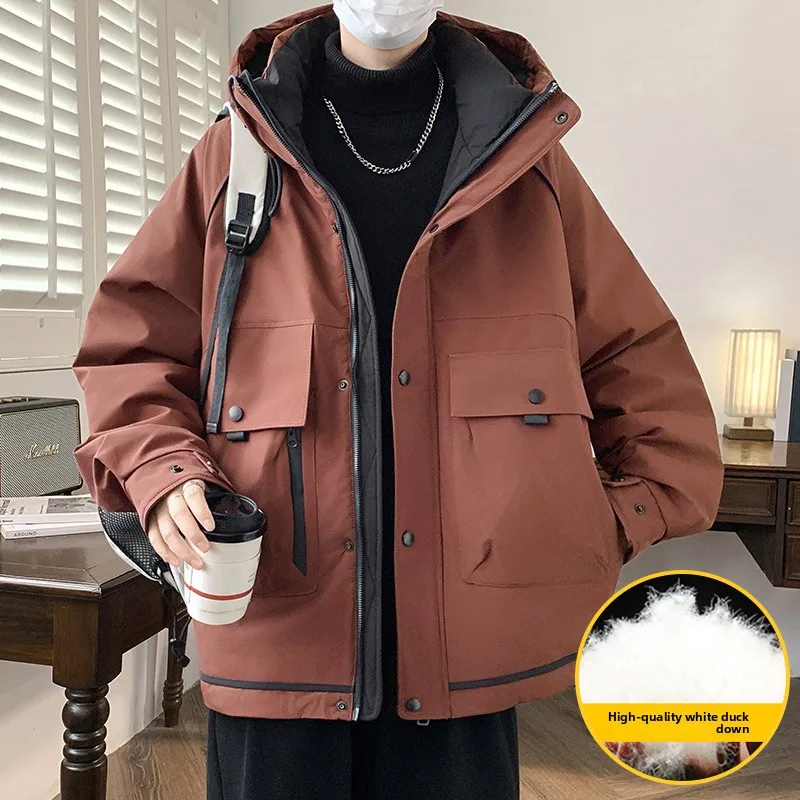 American Men's Workwear Down Jacket  Men Winter Thickened White Duck Down Jacket  Men Short Loose Solid Color Hooded Windbreaker