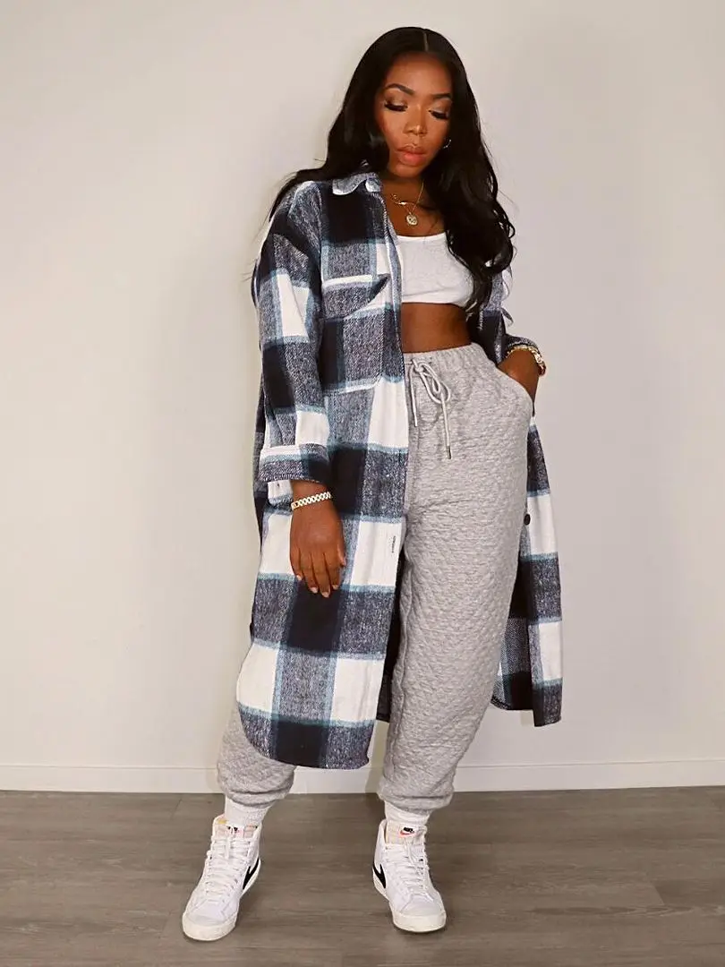 New Wool Woolen Pocket Long Shirt Checkered Coat Woman Single Breasted Flannel Plaid Jacket 2022 Winter Streetwear