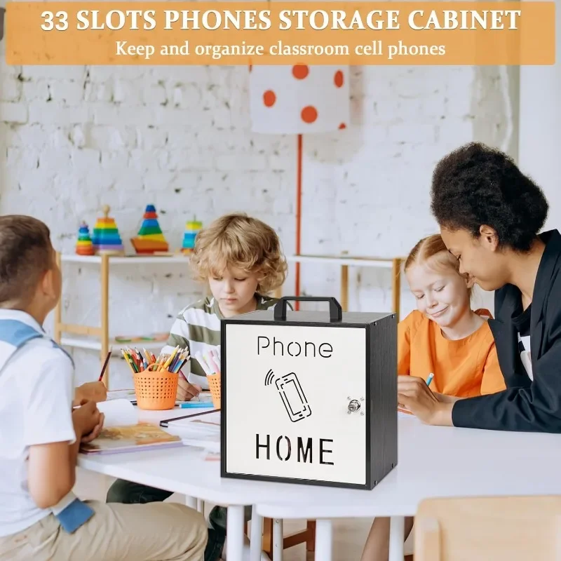 Cell Phone Holder Classroom 33 Slots Wooden Cell Phone Storage Cabinet Pocket Chart with Handle and Security