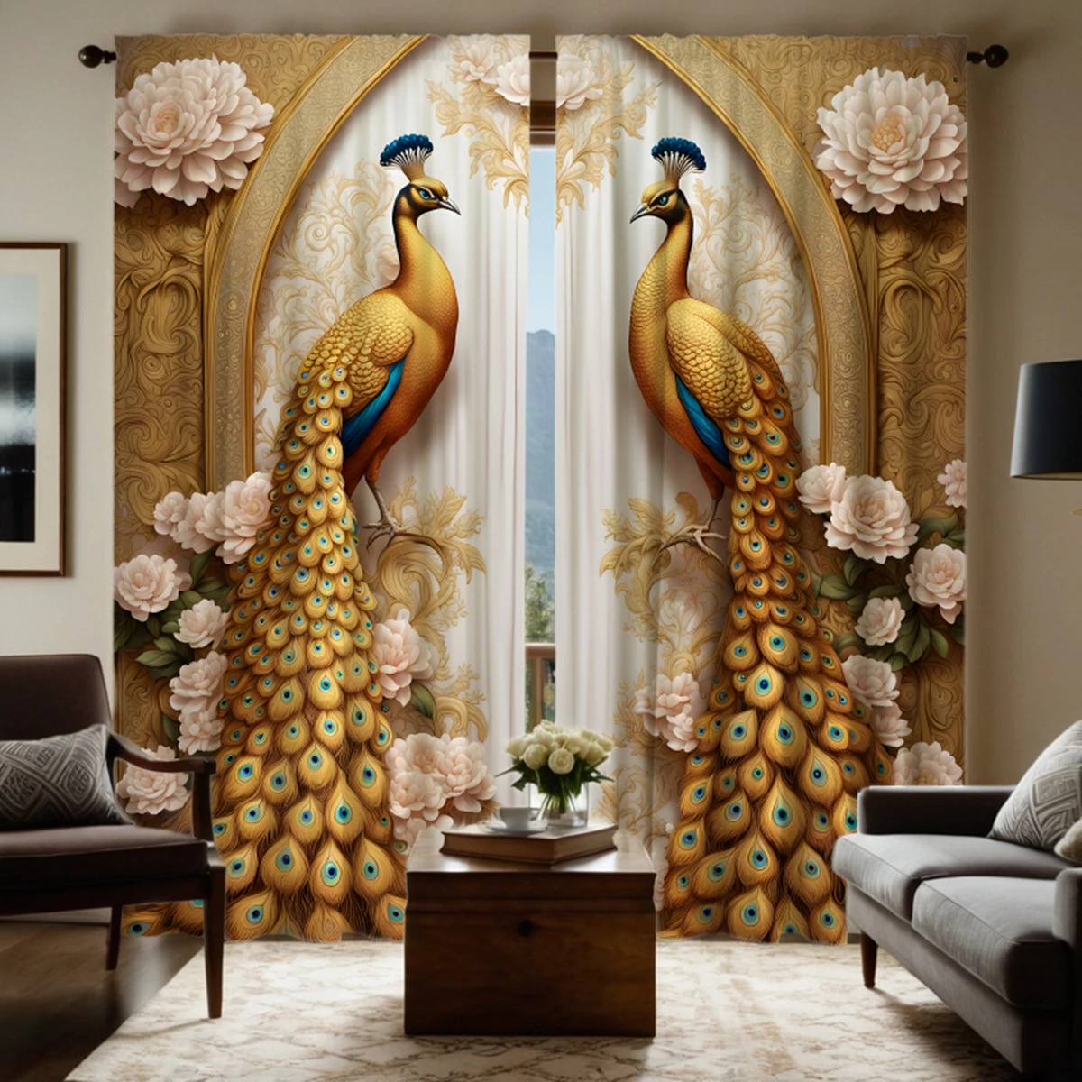 2-piece HD digital yellow curtain with flower peony peacock picture home decoration style Decorate living room bedroom wear rod