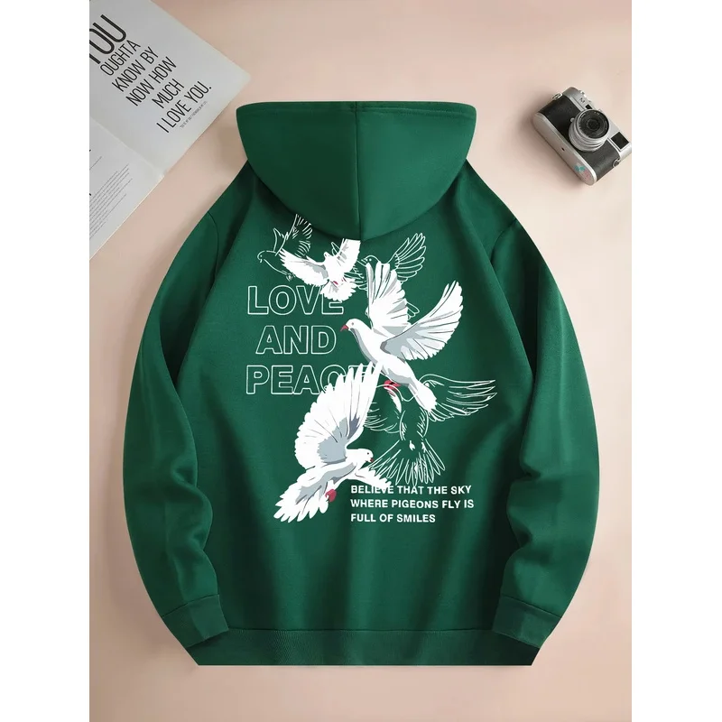 Men's new fashion hoodie, casual daily drawstring hooded sports shirt pigeon print, front kangaroo pocket, men's jacket