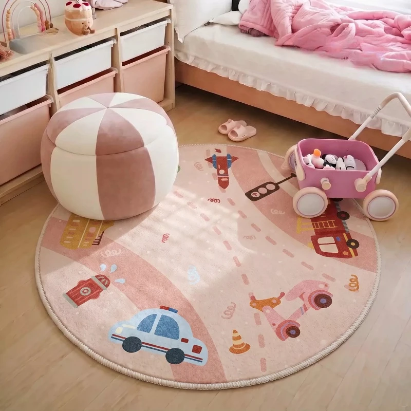 Cartoon Style Living Room Decoration Pink Carpet Round Rugs for Bedroom Fluffy Soft Bedside Floor Mat Thick Plush Cloakroom Rug