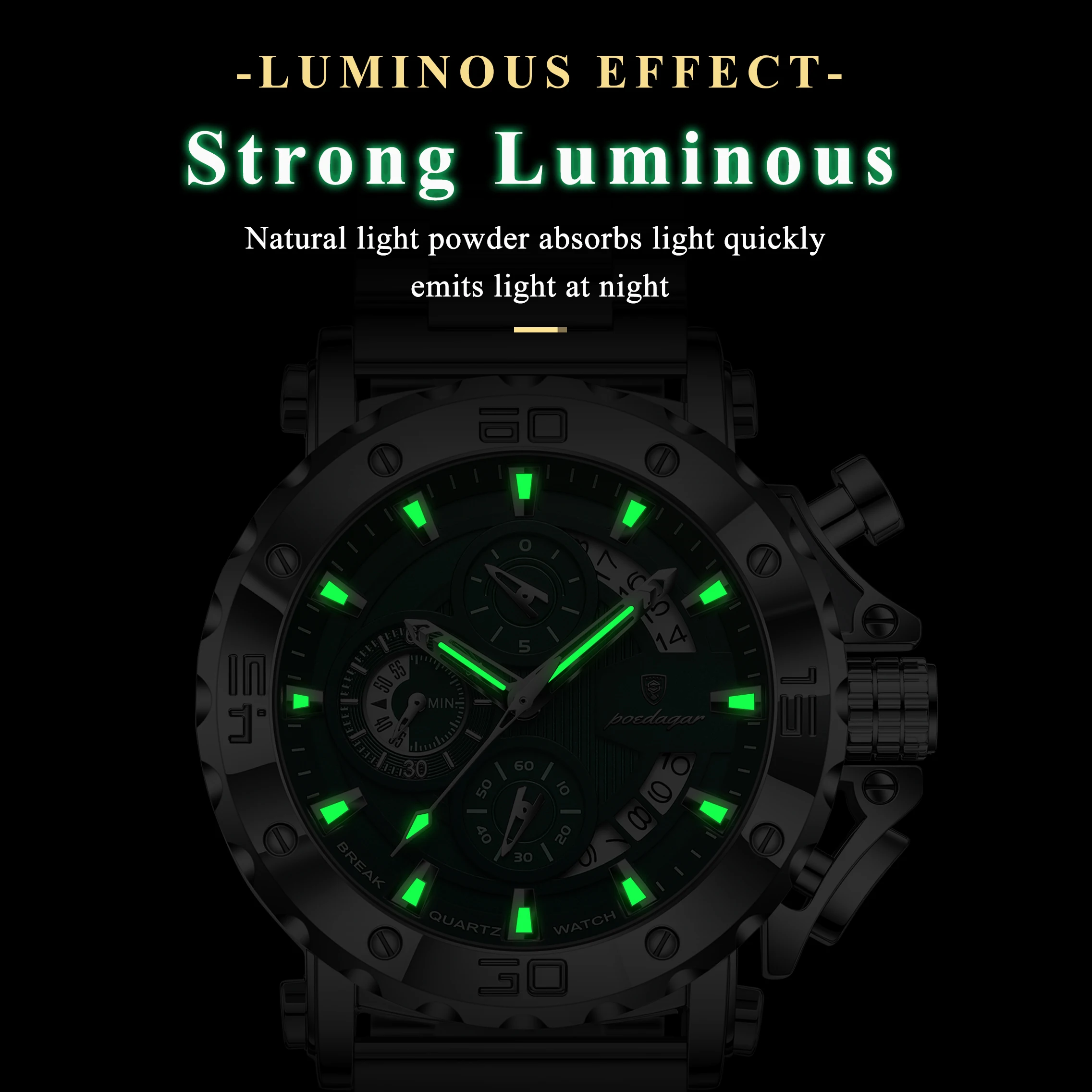 포에다가 패션 남성용 시계 캘린더 야광 방수 쿼츠 남성용 시계 크로노그래프 스테인리스 스틸 비즈니스 남성용 시계