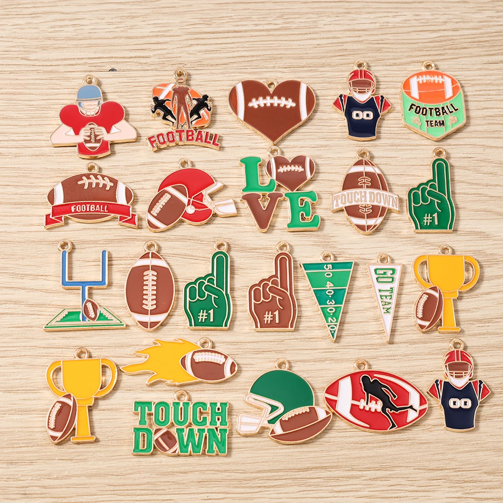 Tusember 10pcs Cute Love Sports Charms Enamel Rugby Helmet Football Pendants for Jewelry Making Earrings Necklaces DIY Crafts