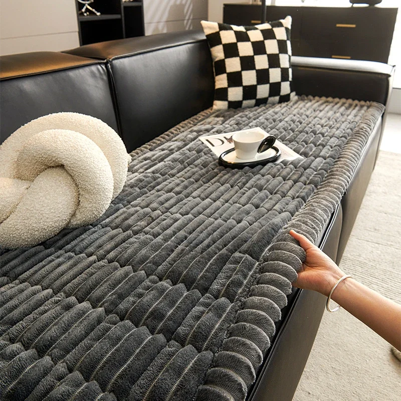 New Corduroy Quilted Sofa Towel Winter Warm Thickening Plush Cushion Couch Cover L-shaped Sectional Anti-slip Modern Sofa Cover